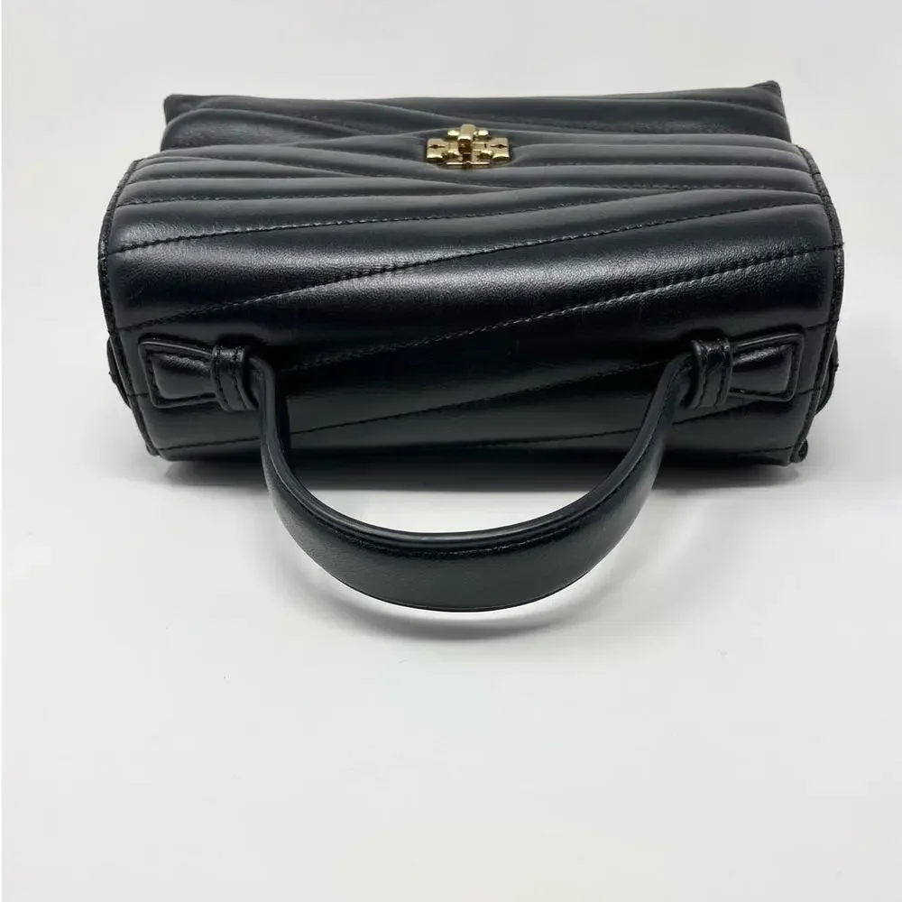 Tory Burch Kira Chevron Leather Top Handle Satchel 2 Way Shoulder Bag Black Gold - Picture 5 of 15